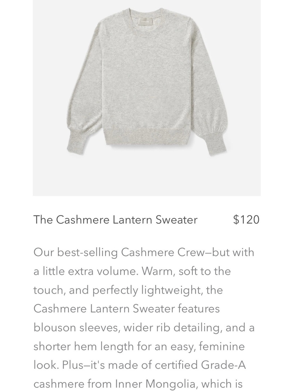 Everlane Cashmere Lantern Sweater - Light Gray size 6
